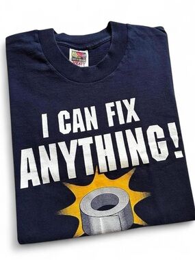 Vintage 1990s Fruit of the Loom Navy 'I Can Fix Anything!' duct tape Graphic L